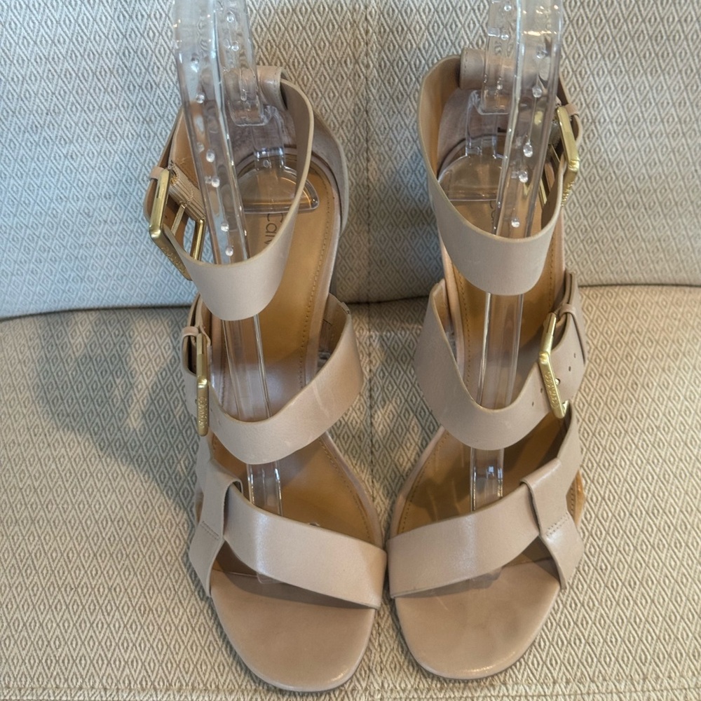 Calvin Klein Nude Strappy Block Heel Sandals with Gold Buckles